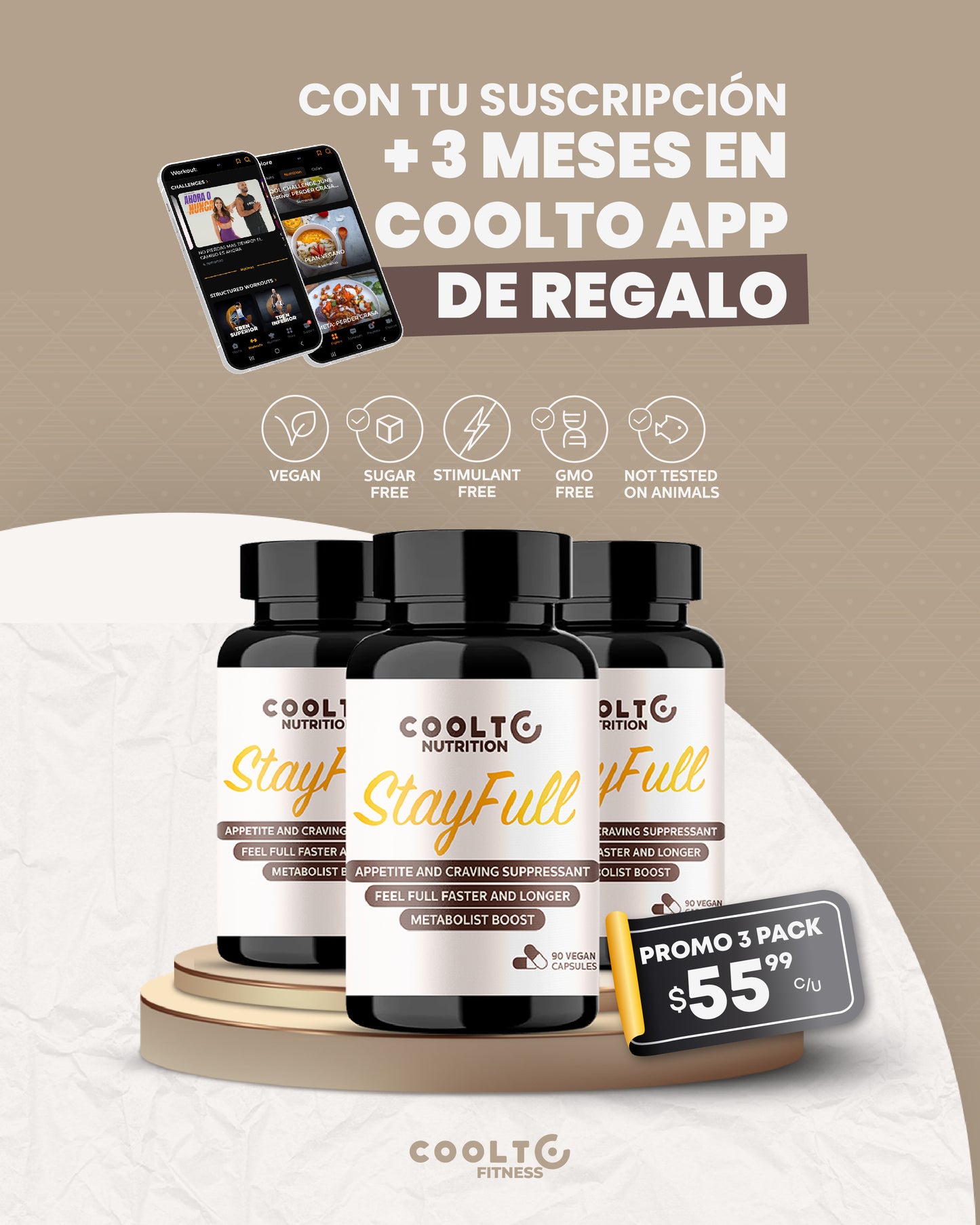 StayFull™  – Suplemento Vegano para Control del Apetito PACK 3 +3 MES GRATIS APP